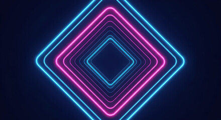 Neon geometric tunnel of squares in pink and blue abstract