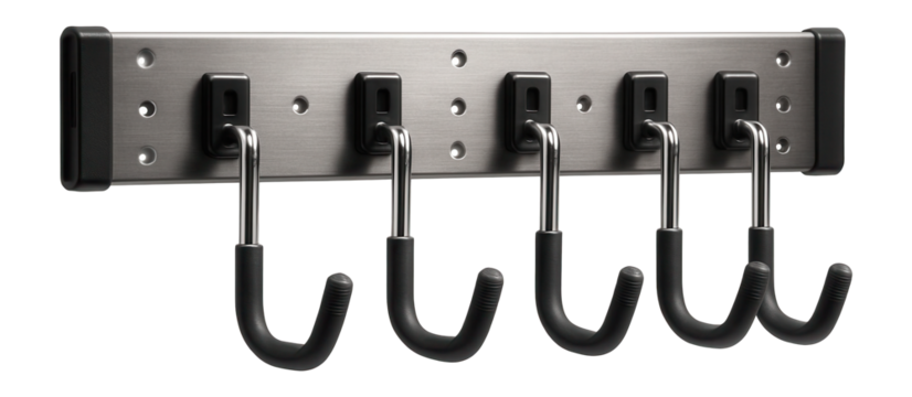 Wall-anchored tool storage stand with adjustable hooks for a basement workshop.