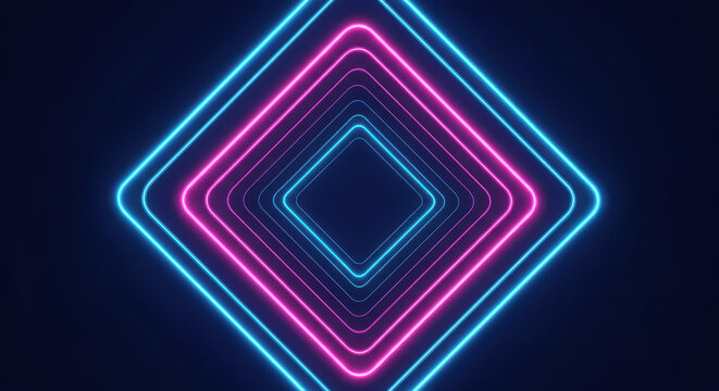 Neon geometric tunnel of squares in pink and blue abstract