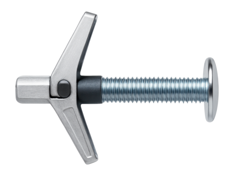 Snap toggle bolt with a flat head and zinc coating for secure mounting in hollow walls.