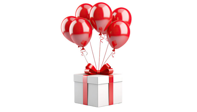 Decorative gift box with red balloons for celebration and party decoration isolated on white background