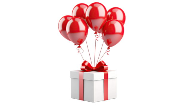 Decorative gift box with red balloons for celebration and party decoration isolated on white background