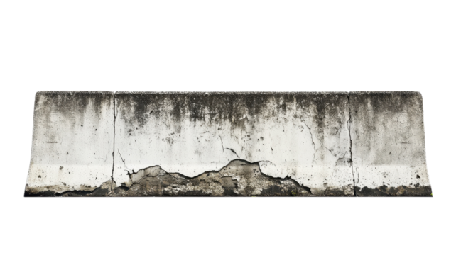 A weathered concrete barrier shows signs of aging and cracks, reflecting time and exposure in a bright outdoor setting
