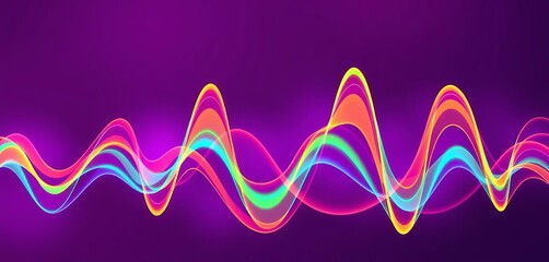 Vibrant, multicolored sound waves pulse across a rich purple backdrop,  visual music,  illustration