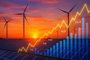 Renewable energy growth and investment success depicted by a rising stock market graph over solar panels and wind turbines at sunset