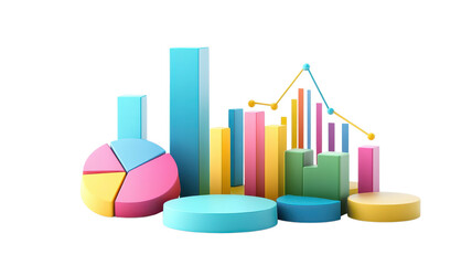 Vibrant 3D graphics depict various charts and graphs showcasing important business data analysis visually