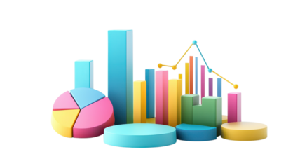 Vibrant 3D graphics depict various charts and graphs showcasing important business data analysis visually