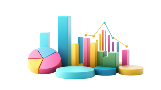 Vibrant 3D graphics depict various charts and graphs showcasing important business data analysis visually