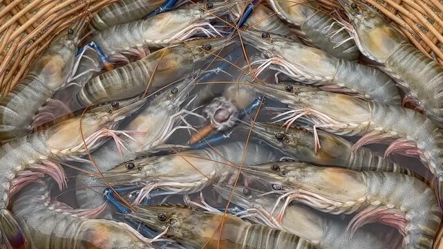 Freshly Caught Shrimp in Basket for Sale, Close-Up of Shrimp in Basket
