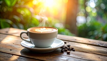 Obraz premium Freshly brewed cappuccino in ceramic cup on rustic wooden table with steam and morning light