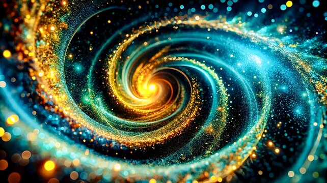 Cosmic Nebula Swirls with Golden and Turquoise Light Particles Floating Abstractly
