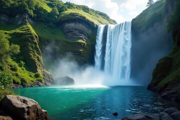 Fototapeta premium Majestic Waterfall Cascading Down Rocky Cliffs, Creating a Misty Thunderous Roar, Flowing into a Crystal Clear Pool Surrounded by Lush Green Vegetation. Tranquil Landscape Photography