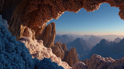 Cave opening reveals a vast, sunlit mountain range