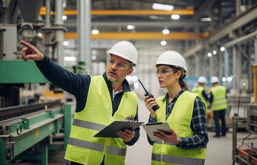Work discussion takes place in an industrial area with large machines behind.