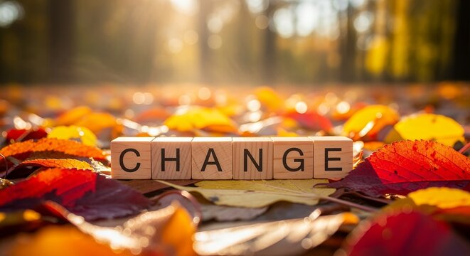 Wooden blocks with the word CHANGE on autumn leaves in a forest