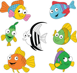 Cartoon Fish Circle Composition, Colorful Marine Animals, Happy Expressions, Big Eyes, Ocean Creatures, Vector Illustration for Kids, Underwater Theme, Adobe Stock Asset