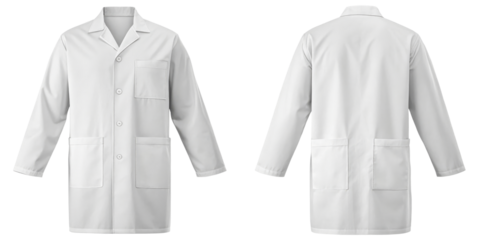 Lab Coat, Front and Back View with Pockets on Transparent Background