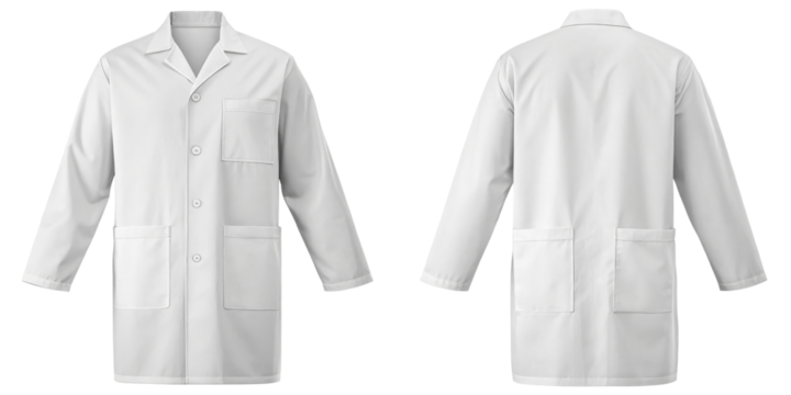 Lab Coat, Front and Back View with Pockets on Transparent Background