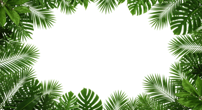 Lush green tropical foliage, diverse leaves & palm fronds symmetrically frame a transparent central, shadowless background in a high-key studio photo. Concept of natural purity and clean slate