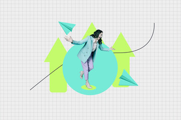Art sketch image vertical collage of happy old businesswoman stand arrow development paper plane flight aim achievement progress
