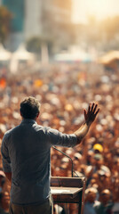 Obraz premium Man passionately speaking from a podium to a large crowd during an outdoor protest or rally. Concept of activism, political movements, social causes, and public speeches.
