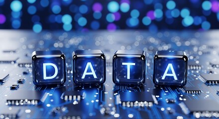 Glowing DATA blocks on a computer circuit board, big data concept
