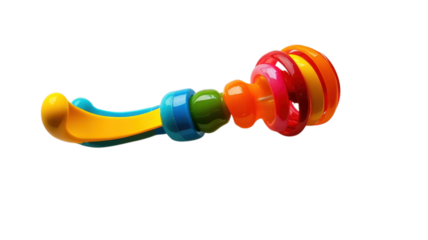 Brightly colored rattle features various rings, encouraging sensory exploration and motor skills in young children