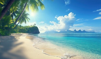 Tropical paradise beach with palm-fringed white sands, crystal-clear turquoise waters, and lush greenery under a sunlit sky, evoking serene vacation romance and relaxation