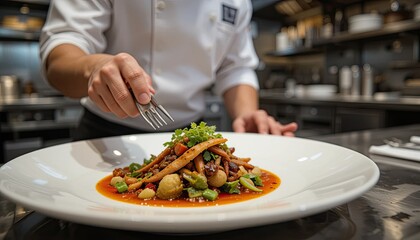 Chef plating a gourmet dish with a fork in a professional kitchen setting for a fine dining experience