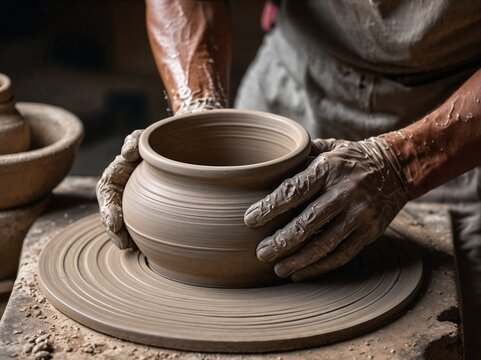 Artisanal Pottery Wheel With Clay Hands Shaping Ceramic Vessel