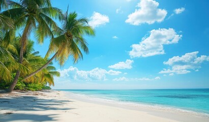 Obraz premium Idyllic tropical beach with palm trees, glistening white sand, and turquoise waters under clear blue sky, perfect for summer holiday and serene vacation escape