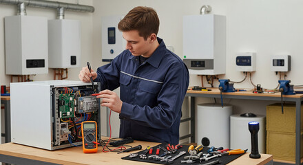 A service center technician repairs the electrical part of a heating boiler, maintains heating and heat conservation systems, and saves heat loss.