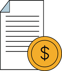 Illustration of a document with lines of text and a gold coin with a dollar sign, representing finance or payment.