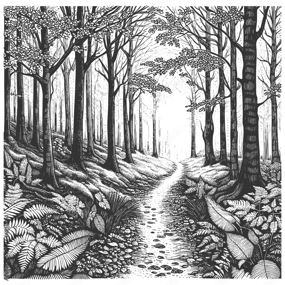 Poster winding path through a dense forest with tall trees, ferns, and scattered leaves on the ground sketc