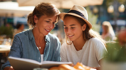 Mother and daughter sharing a joyful moment while reading together at a sunny outdoor cafe in the afternoon


