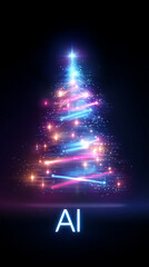 Neon AI text glowing over christmas tree, digital artificial intelligence banner, technology and innovation businesses, data science and cybernetics industries, festive Christmas background.

