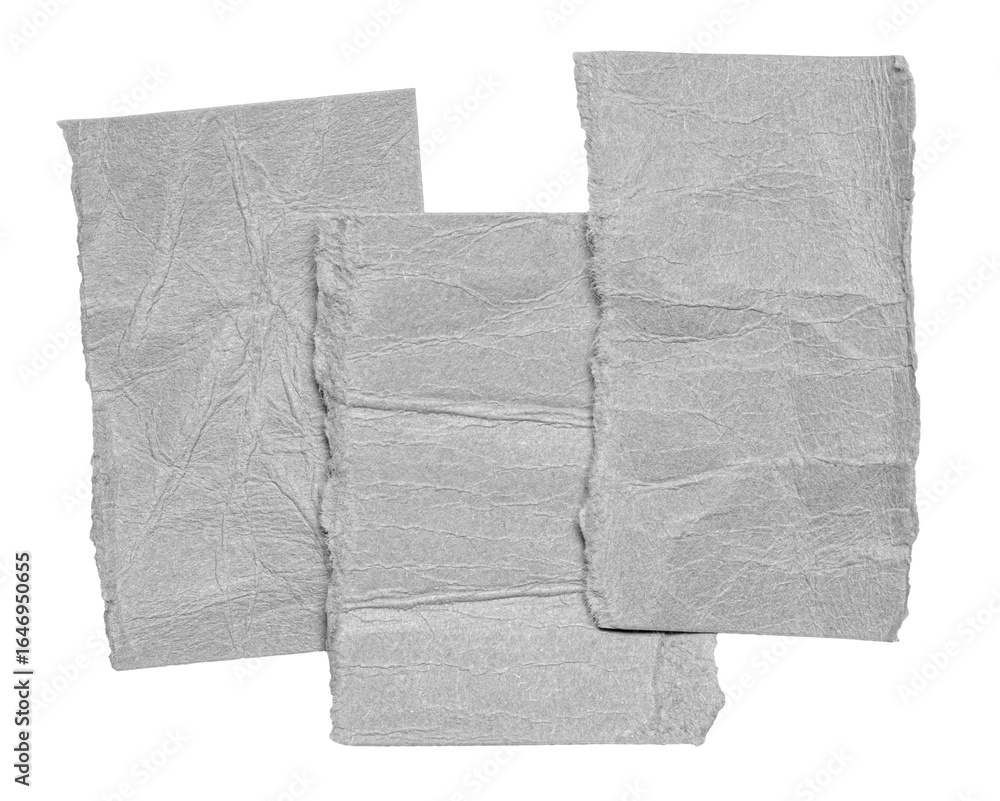 Poster three grey overlapping isolated crumpled blank paper notes cardboard with copy space for text, trans