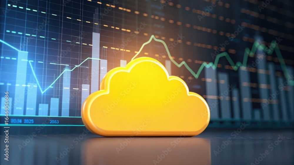 Poster a vibrant yellow cloud icon stands in front of a digital graph, symbolizing cloud computing and data