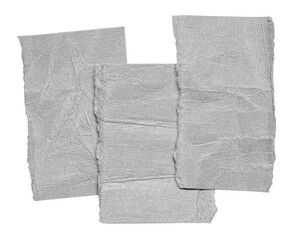 Three grey overlapping isolated crumpled blank paper notes cardboard with copy space for text,...
