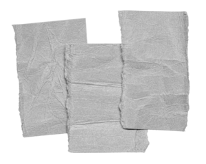 Three grey overlapping isolated crumpled blank paper notes cardboard with copy space for text, transparent png background design element