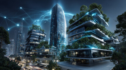 Businessman touching interface and smart cities, innovative technology solutions, sustainable urban development, intelligent infrastructure integration, data-driven decision making concept.