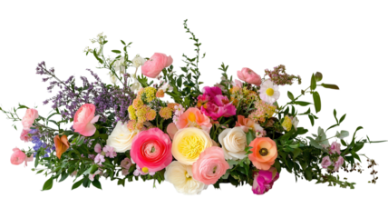 A vibrant collection of flowers including ranunculus, roses, and daisies creates a stunning centerpiece for an event