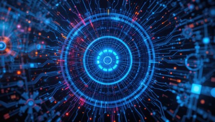 A futuristic glowing circuit board design featuring concentric circles and connected pathways in blue and orange