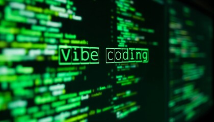 Vibe coding text on a screen with blurred green computer code