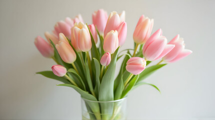 Naklejka premium Pink Tulips in Glass Vase Fresh Spring Flower Arrangement