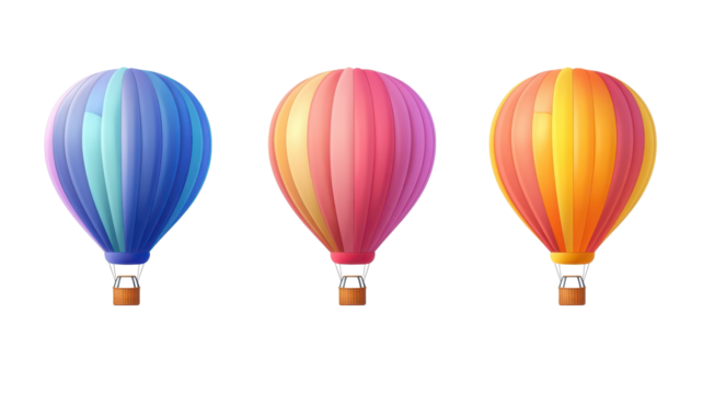 Hot air balloons in vibrant colors glide smoothly through the sky against a clear backdrop