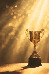 Gold trophy illuminated by warm light.