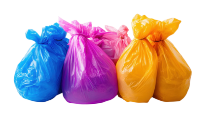 Brightly colored trash bags are gathered together, highlighting a commitment to cleanliness and waste management