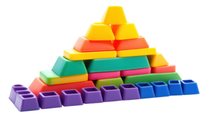 Brightly colored geometric blocks stacked in a pyramid shape for children to explore learning and creativity