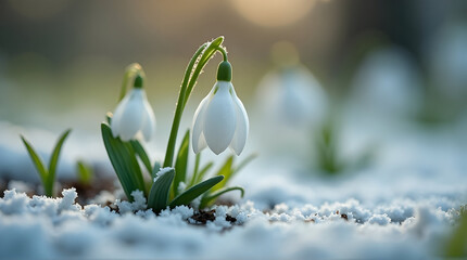 Snowdrop Flowers Blooming in Winter Snow Landscape Close Up